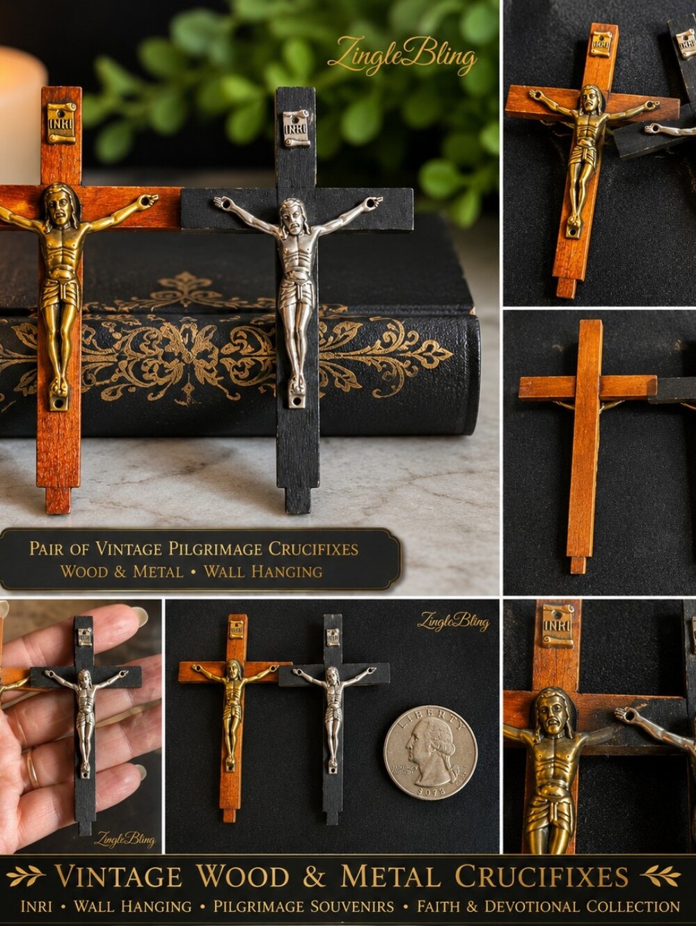 Pair Vintage Wooden Wall Crucifixes Catholic Christian INRI Crosses Mid-Century - Picture 8 of 13